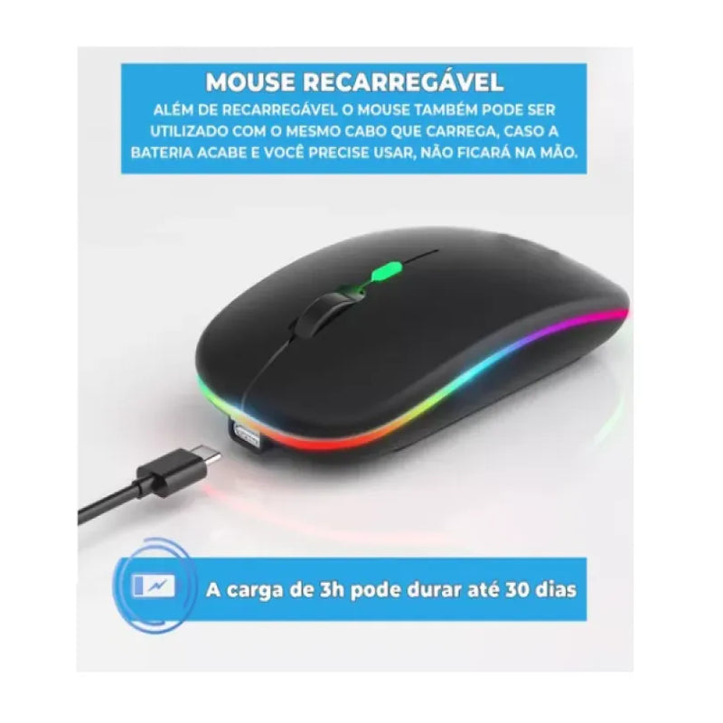 Mouse Sem Fio Recarregável Elegante Click Silencioso Led Rgb